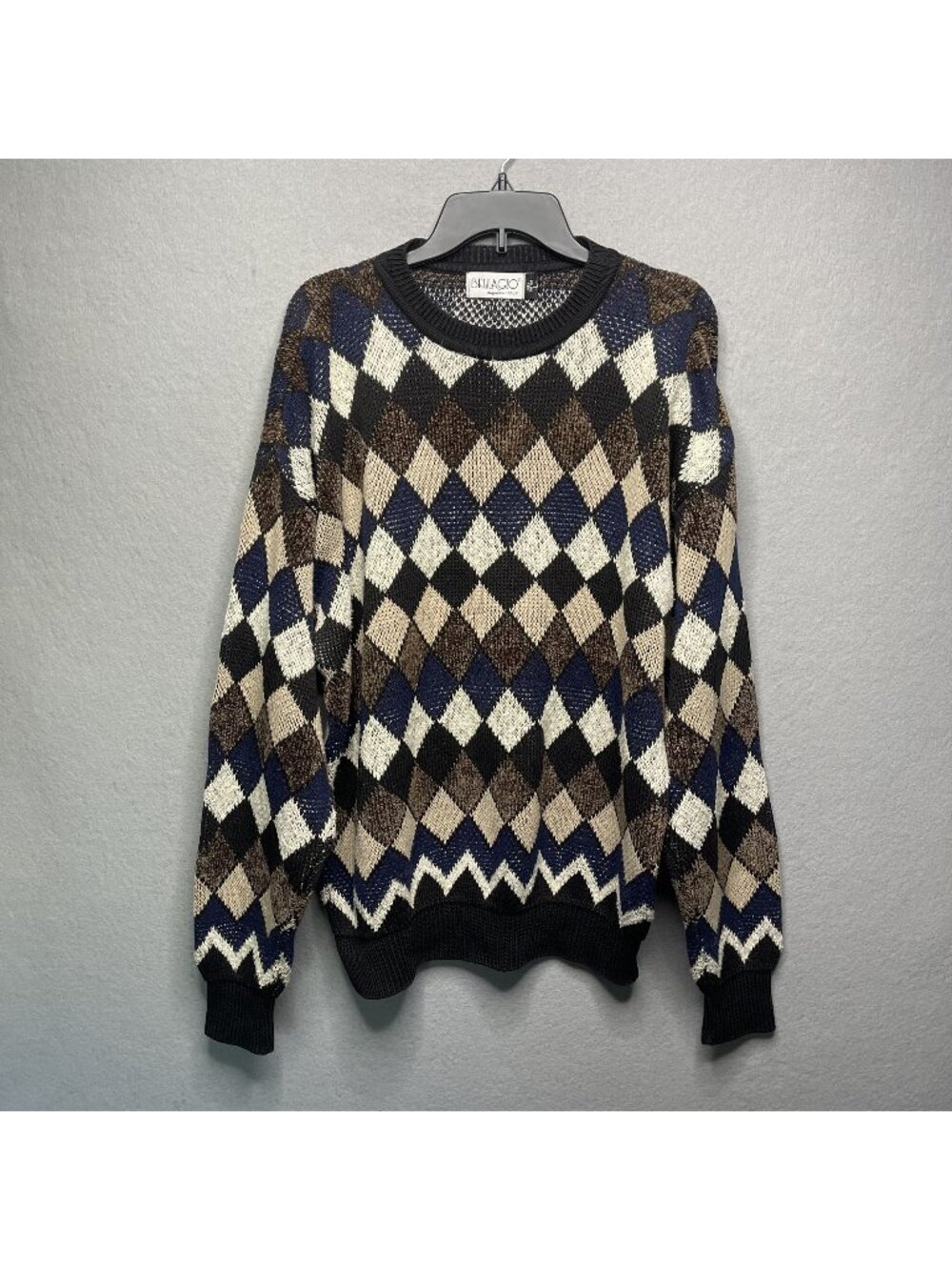 Vintage Bellagio Argyle Knit Sweater Multicolor Size L 100% Cotton